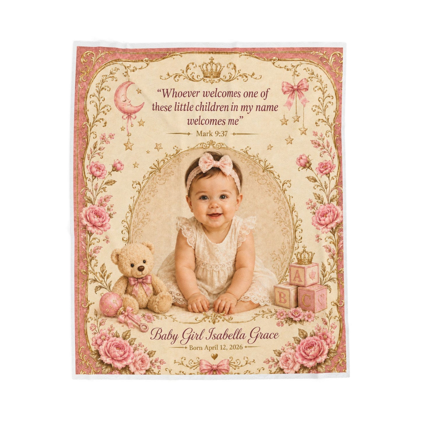 Personalized Photo Velveteen Blanket — Baby Girl Custom Name & Date with Mark 9:37 Scripture