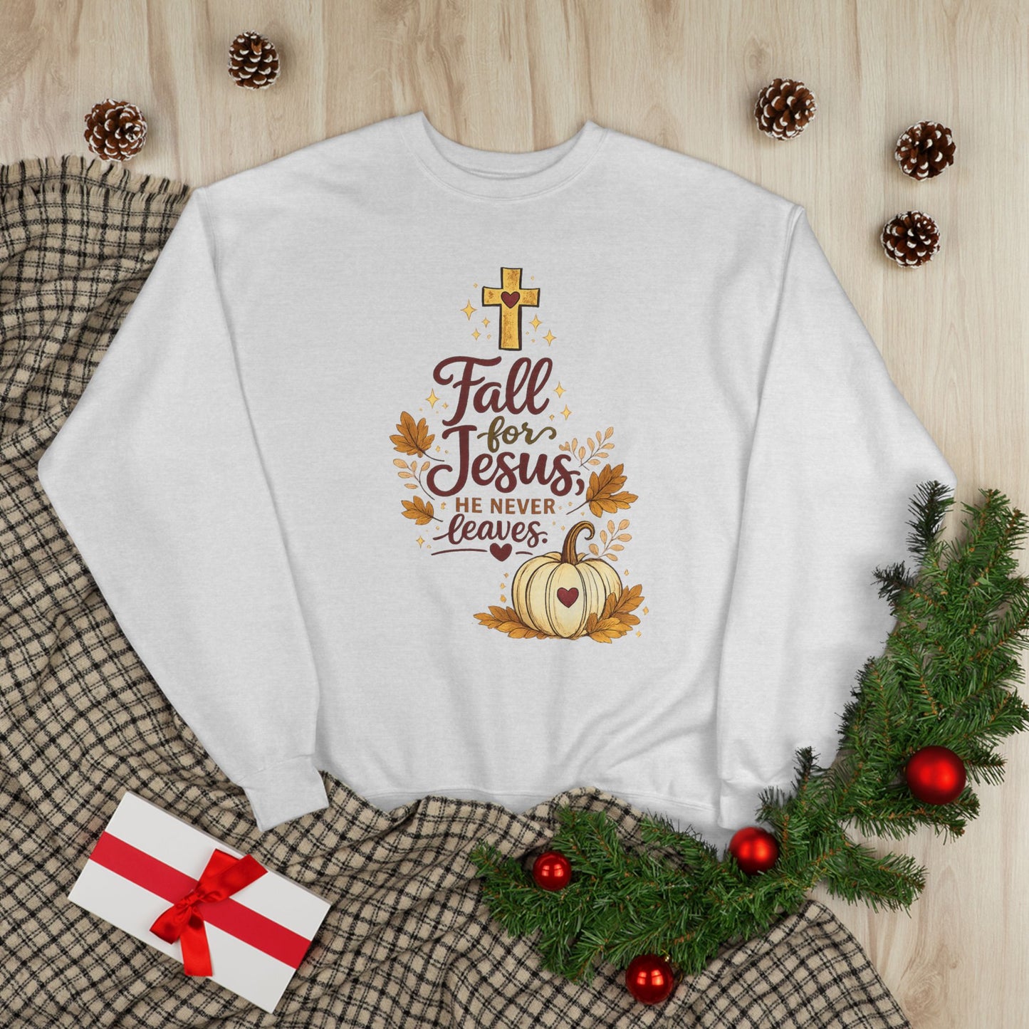 Christian Fall Sweatshirt — "Fall for Jesus He Never Leaves" Crewneck