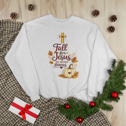 Christian Fall Sweatshirt — "Fall for Jesus He Never Leaves" Crewneck