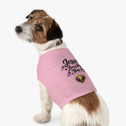 Pet Tank: "Jesus Loves Me Too" Christian Dog Shirt with Cross Heart Design