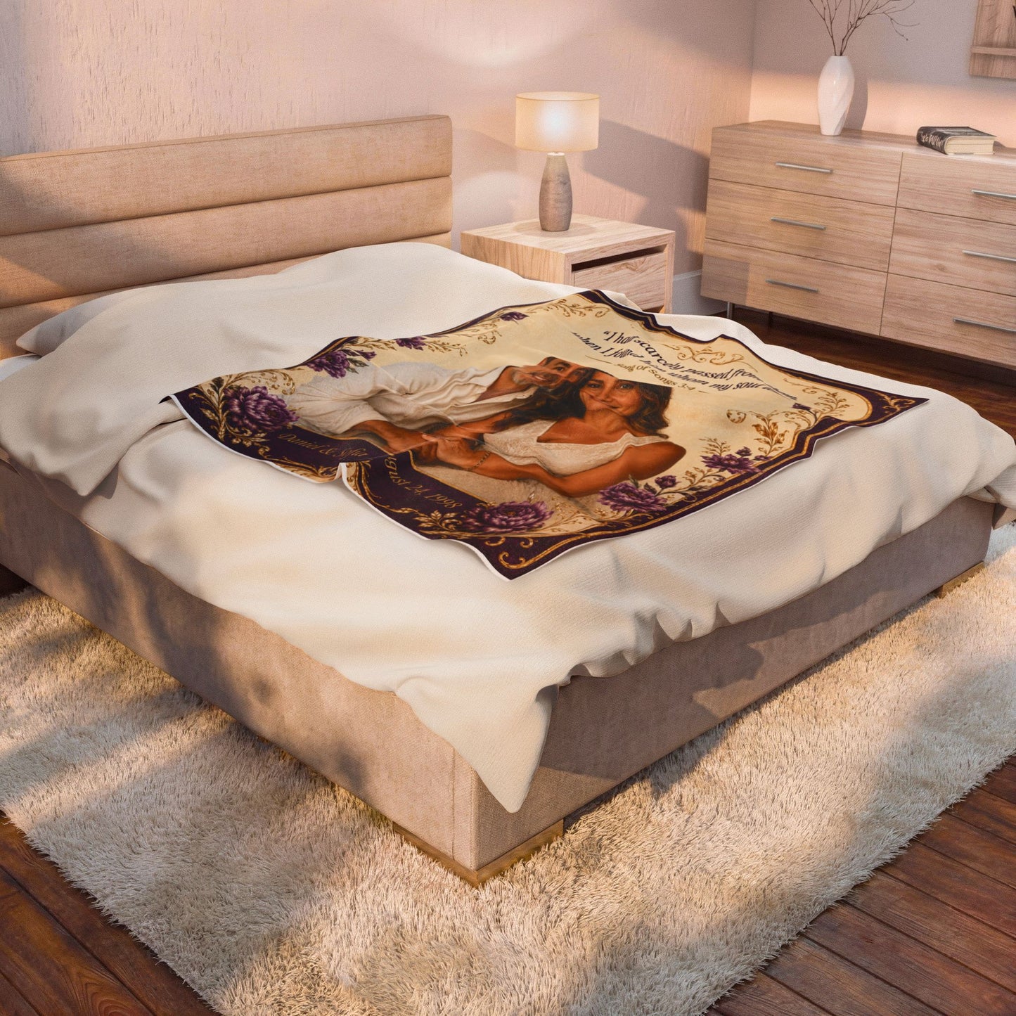 Personalized Photo Velveteen Blanket — Custom Name & Date with Song of Songs 3:4 Scripture