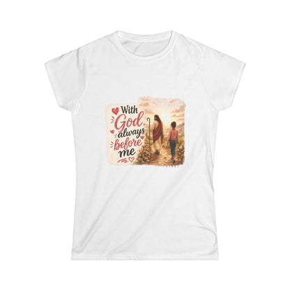 With God Before Me - Women's Softstyle Tee — Minimal White Crewneck T-Shirt