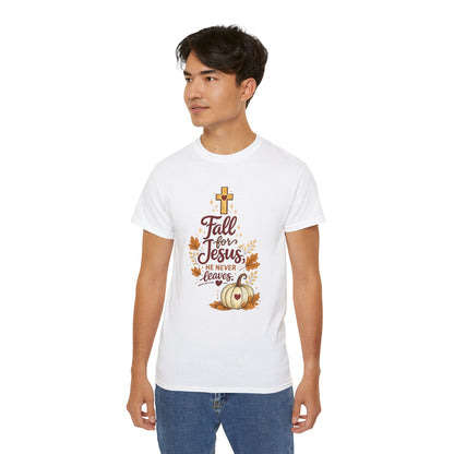 Fall for Jesus Tee — He Never Leaves Autumn Christian T-Shirt